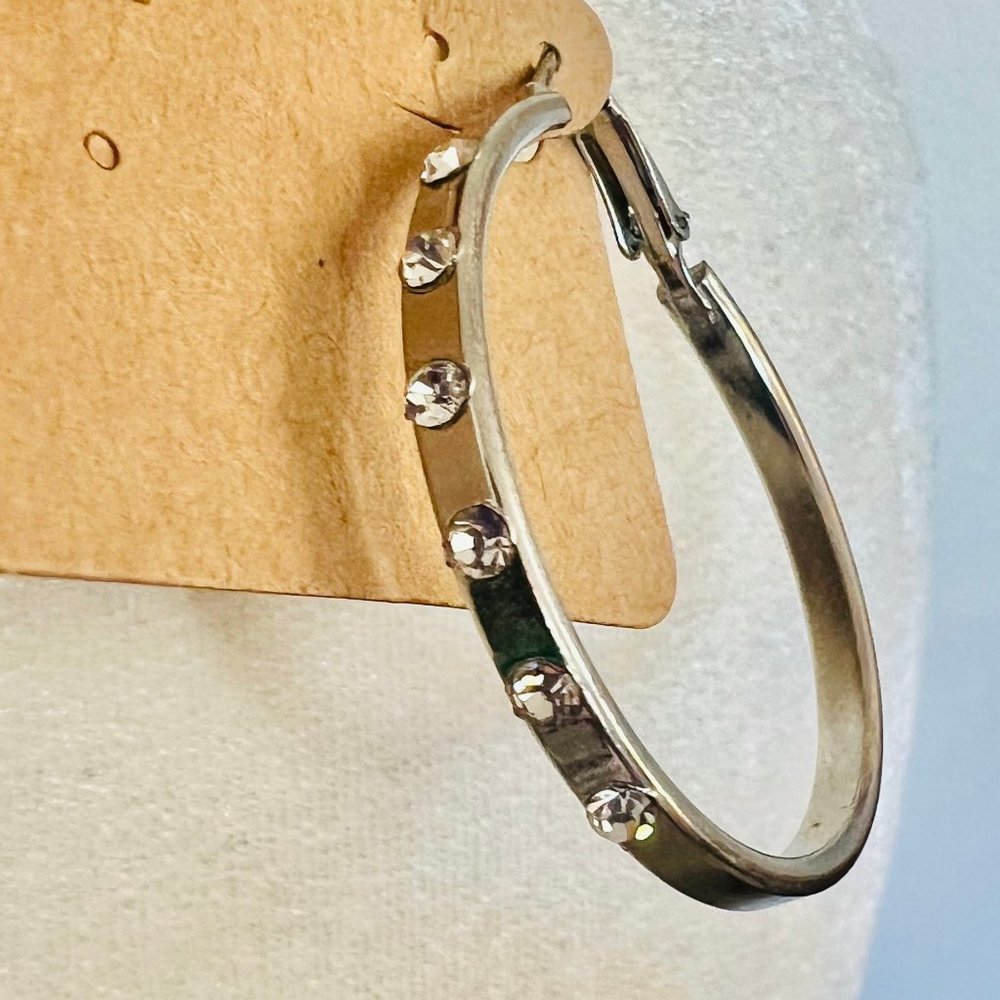 Argentine Stainless Steel & Sparkling Rhinestone Clasp Post Large Hoop Earrings - Picture 3 of 7